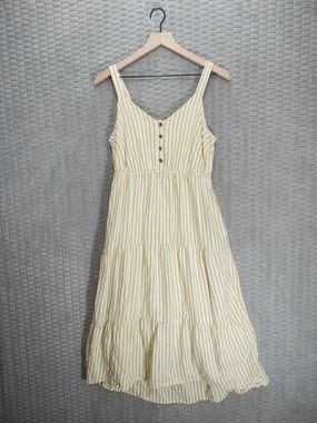 Sonoma Linen Blend Tiered Midi Dress-Green and Cream-Sz M